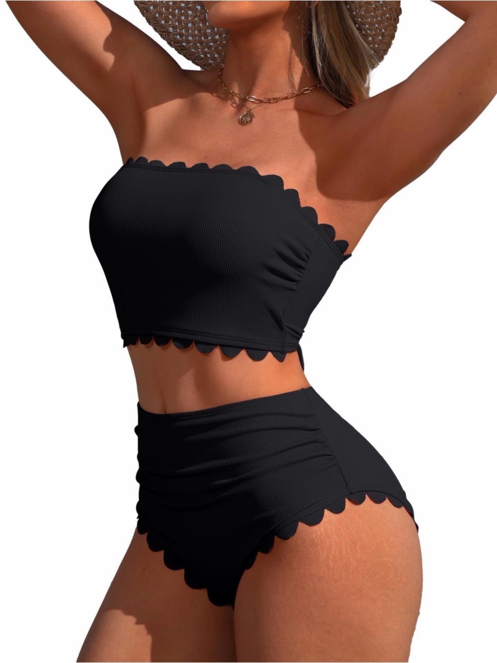 Black Scalloped Ribbed Bikini Set